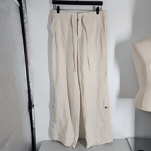 Ann Taylor Loft Lounge 100% Linen Pants Ivory Size 8 roll table leg drawstring